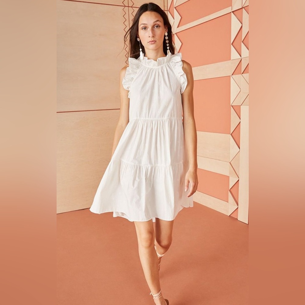Ulla Johnson White Ruffle-Neck Tiered Mini Dress